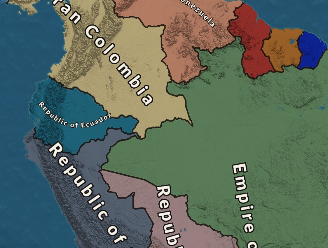 Close view of northern South America showing province borders and terrain