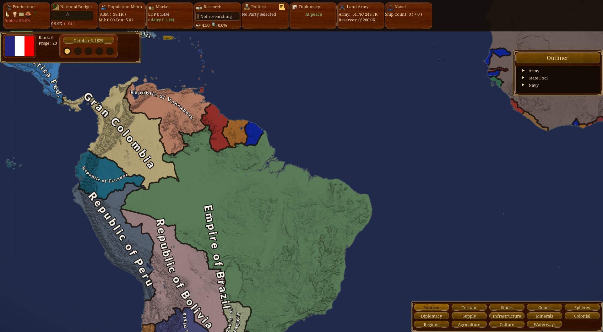 Wide view of South America with Gran Colombia, Peru, Bolivia and the Empire of Brazil labelled