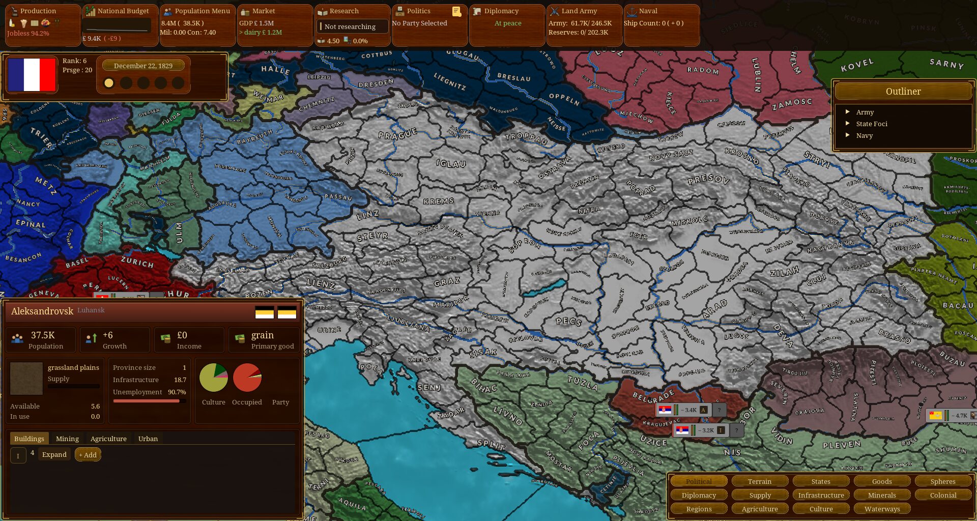 A selected province with its population, income and building panel over central Europe